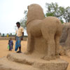 A view of Lion statue in Five rathas area in Mahabalipuram