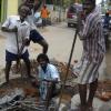 Road sewage workers at West Jafferkhanpet in Chennai...
